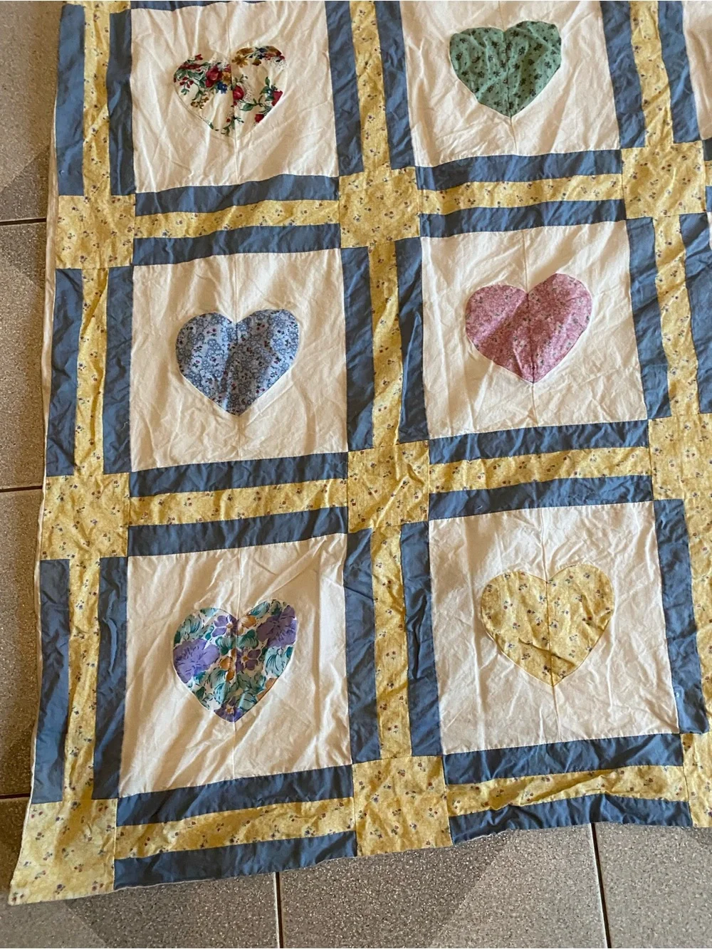 jcpenney Blue, Yellow and Cream Heart Patchwork Quilt shower curtain